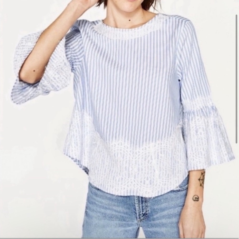 Zara Women’s Blue Striped White Lace Bell Sleeve Tie Back Blouse‎ Cropped Frilly - Picture 2 of 12